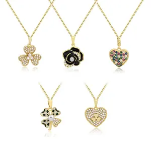 Wholesale Price Copper Jewelry 24k Gold Plated Clover Pendant Cubic Zirconia Gold Filled Cz Heart Pendant
