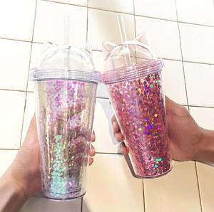 O269 Gelas Kartun Sequin Kreatif Twinkl Dinding Ganda untuk Kopi Teh Minuman Mug dengan Telinga Kucing Sedotan Plastik Sekali Pakai - Product Image 3