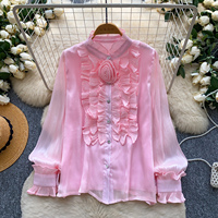 Chemisier d'été élégant pour femme à manches longues, orné de fleurs 3D et de volants, style français, idéal pour le bureau