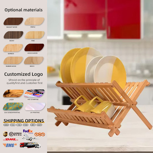 Étagère de cuisine pliante à double niveau <span class=keywords><strong>en</strong></span> bambou, personnalisée <span class=keywords><strong>en</strong></span> usine, avec plateau d'égouttage multifonctionnel et supports de rangement pour vaisselle et bols - Product Image 1