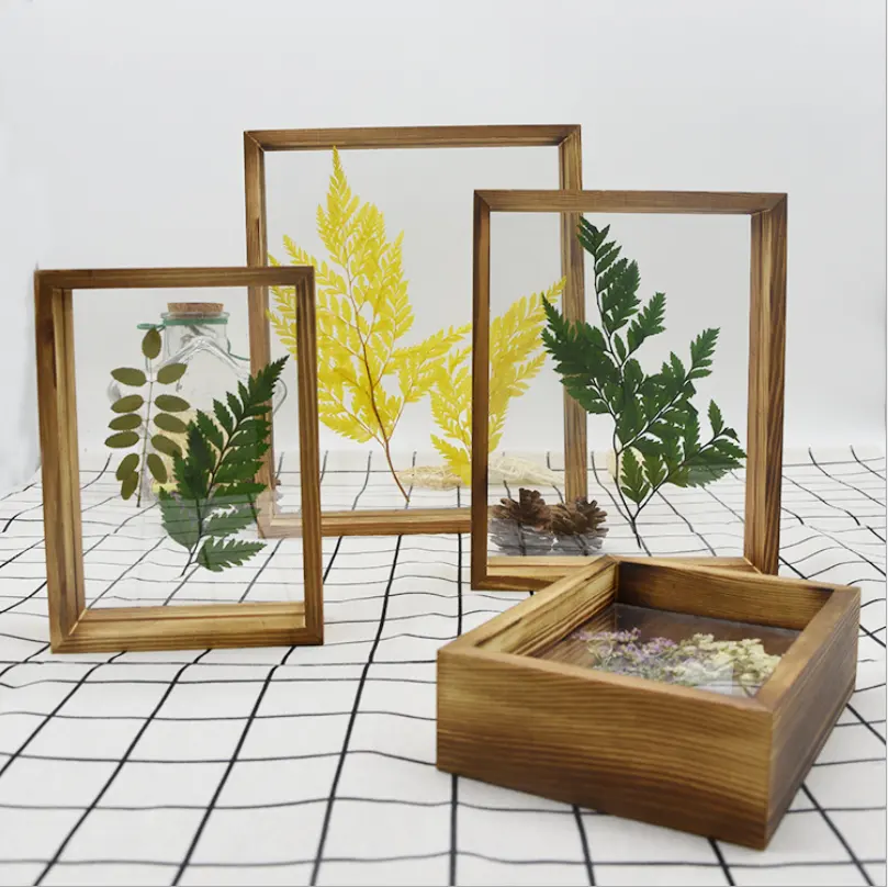 フォトフレーム無垢材植物葉蝶標本ラック写真両面透明ガラス