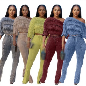 Conjunto de Loungewear de Otoño para Mujer, Personalizado, de 2 Piezas, Tejido Waffle, Sudadera Corta con Cremallera y Capucha Falsa y Pantalones Acampanados - Product Image 2