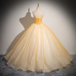 Strapless Gold Tulle Ball Gown Dress With 3D Floral Embellishments Empire Waistline For Prom And Formal Events - Product Image 4