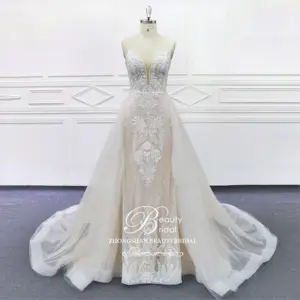 MK20026 Hot Sell Elegant V Neck Sleeveless Mermaid Dress With Detachable Train Lace Wedding Gown with beading