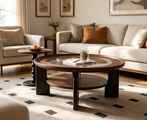New Arrival Round Two-Tier Solid Wood Coffee <b>Table</b> Wavy Textured Glass Top Block Leg Living Room Storage Tea <b>Table</b> - Product Image 5