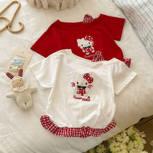 TongXingYuan Girls' KT <b>Cat</b> Short Sleeve T-Shirt Red White Cotton Cartoon Summer <b>Top</b> Kids Fashion Clothes - Product Image 3