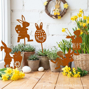 Piquets de jardin en métal en forme de lapin de Pâques, décoration rustique pour l'extérieur, vente en gros - Product Image 3