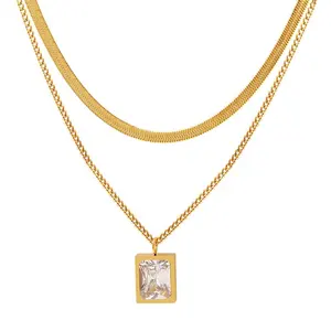 Fashion Gorgeous Fancy Stainless Steel Jewelry Gold Plated Double Layered CZ Pendant Necklace For Women Titanium Jewelry