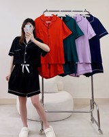 Pyjama d'été pour femmes, chemise à manches courtes et pantalon en tissu doux de couleur unie, ensemble deux pièces, vêtements de maison, grande taille 3XL, nuisette décontractée, vêtements de nuit