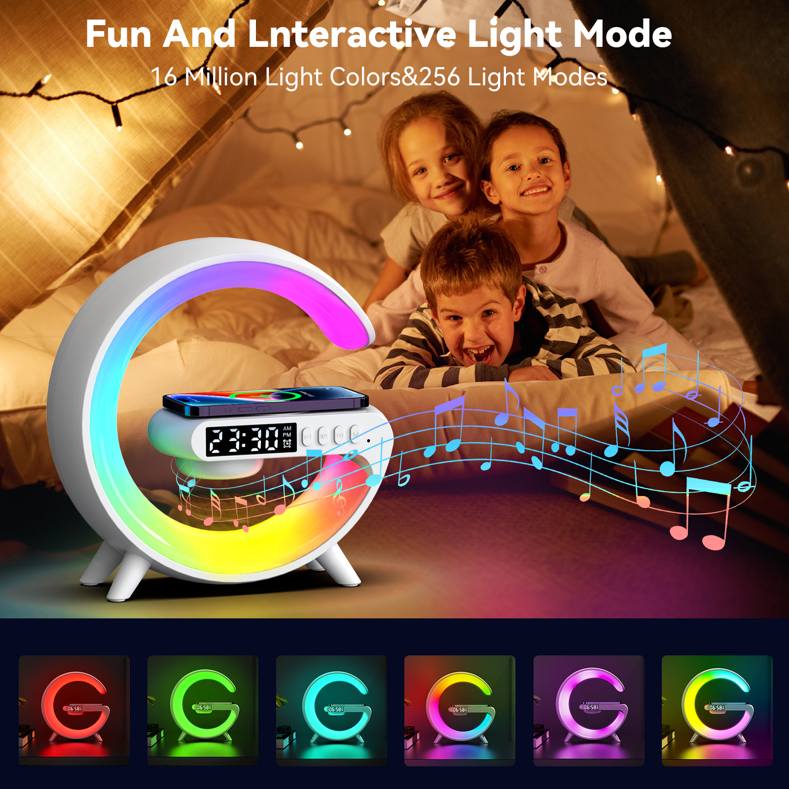 LED Digital Button-Controlled RGB Desk Lamp with Wireless Phone Charger Modern Design Alarm Clock for Kids Gift