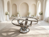 Table de banquet ronde de luxe en cristal avec base en grille dorée pour la location d'événements hôteliers