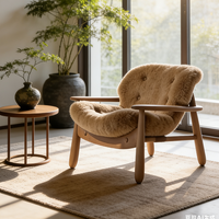 Fauteuil lounge moderne de luxe en peau de mouton, fauteuil d'appoint nordique en bois, fauteuil moelleux en fausse fourrure, canapé simple pour salon