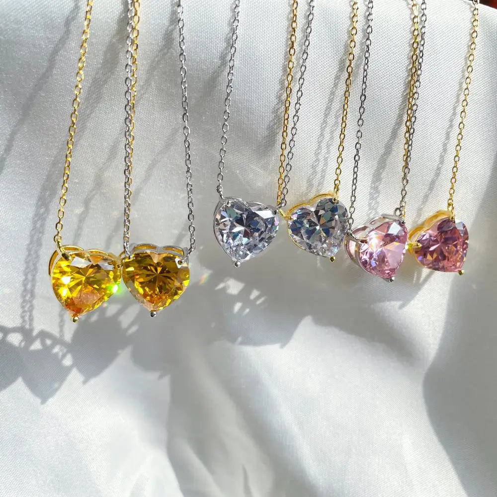 Real S925 Sterling Silver 18k Gold Plated 3ct Multi Color Cubic Zirconia Heart Love Gem Stone Cz Crystal Pendant Necklaces Women
