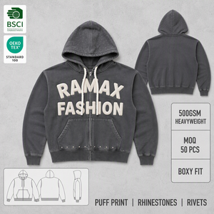 Sweat-shirt à capuche zippé pour homme RAMAX FASHION, 500 GSM, impression en relief, strass, coupe ample, style streetwear - Product Image 1