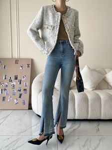 2023 New Fashion <strong>Grey</strong> Melange Tweed <strong>Blazer</strong> Top for <strong>Women</strong> Elegan Young Ladies' Breathable Jackets - Product Image 6
