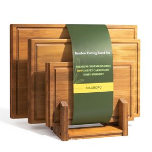 Juego de Tablas de Cortar de Bambú Maxboro de 3 Piezas con Soporte, Aptas para Cuchillos, Tablas de Cortar de Madera Orgánica para Cocina - Product Image 1