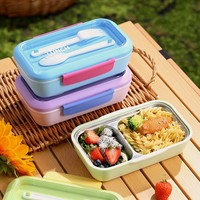 Boîte à bento 2 grilles en acier inoxydable 304 avec serrures et cuillère et fourchette 500ml