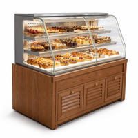 Vitrine de boulangerie commerciale en verre courbé avec base en bois massif à persiennes pour présentation de pâtisseries