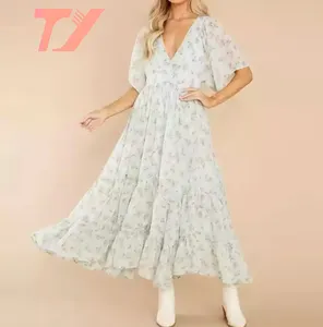 TUOYI Wholesale Women Dresses New Arrivals 2022 Summer Maxi Deep V-neck Floral Print Long Dresses For Ladies