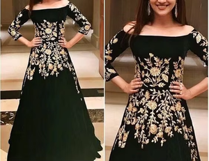 Indian/Pakistani Floor-Length <b>Chiffon</b> Casual <b>Dress</b> Floral Embroidery Three-Quarter <b>Sleeves</b> Fit Flare Silhouette High Street - Product Image 6