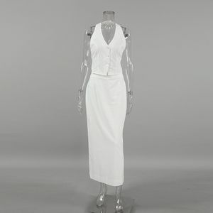 EnyamiサマーレディースセクシーベストクロップトップスロングスカートツーピースカジュアルプレーンVネックホルターホワイトバックレス2ピースセットレディース用 - Product Image 4