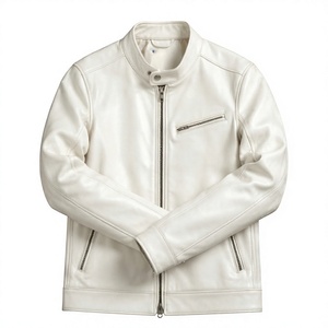 Unisex <b>White</b> PU Leather Quilted Jacket Mandarin Collar Zipper Closure Regular Fit Solid Color Winter Wear Discharge Front Hooded - Product Image 1