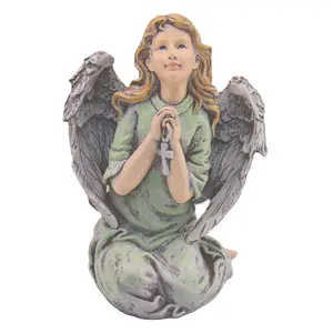 Patung kecil malaikat Kristen, patung rumah Resin tangan berdoa dengan salib