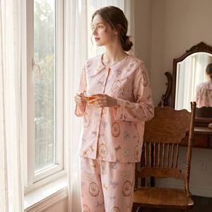 Fabricant de vêtements de nuit sur mesure, pyjamas 100% coton, imprimé lapin rose, ensemble de pyjamas, col Peter Pan, pyjamas doux pour filles - Product Image 1