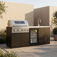 Évier de cuisine extérieur compact moderne en acier inoxydable 304 noir, réfrigérateur, barbecue au gaz, design écologique