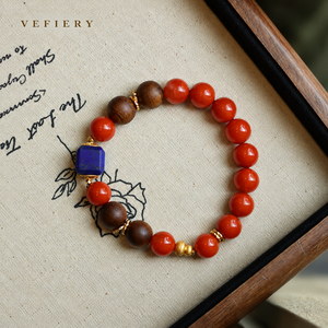 Red Agate and Wood Beaded <b>Bracelet</b> with <b>Blue</b> Square Gemstone Accent - Product Image 4