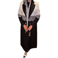 Nouvel ensemble Abaya islamique pour femmes, automne, maxi, décontracté, noir et blanc, avec dentelle, style blazer, hijab, col cœur, manches longues