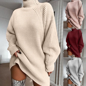 2026 Women Turtleneck Knitted Sweater Pullover Dress With Raglan Sleeves High <b>Neck</b> Loose Midi Knitted Dress - Product Image 2