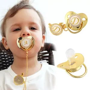 Hot Sell BPA Free Silicone Infant Nipp Children's Name Initial Letter Baby Pacifier Clips 26 letters golden soothing pacifier