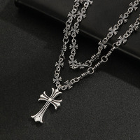 Collier croix vintage en acier inoxydable à 2 couches, chaîne à maillons fleuris argentée vieillie, pendentif gothique unisexe, style punk tendance