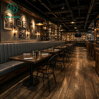 Ensemble de meubles de restaurant vintage Ron Group, chaise en métal, banquette en cuir demi-cercle, table carrée en bois