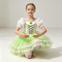 Robe de tutu de ballet en nylon vert pour filles, manches courtes bouffantes blanches, costume de princesse, dentelle florale pour enfants, performance de danse sur scène