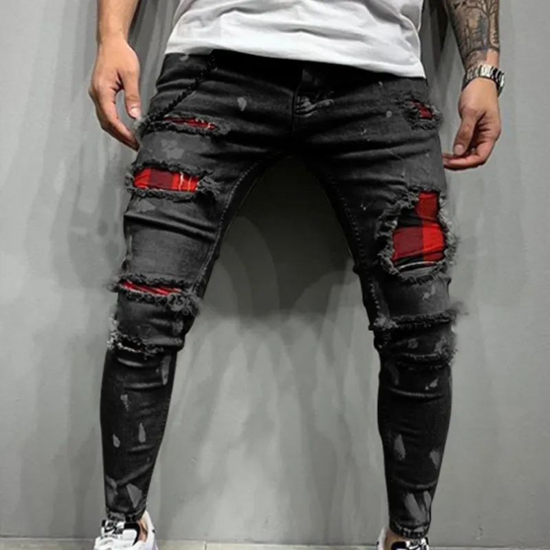 custom tapered stretch distressed ripped skinny damage white black denim men jeans pants trousers for men