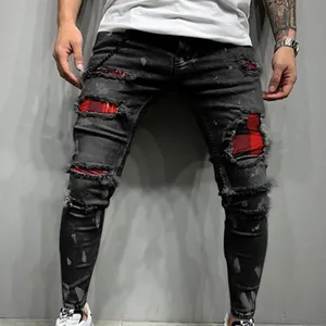 Calça jeans masculina personalizada para homens, calça jeans preta branca com rasgos e danos magros, estiramento cônico desgastado