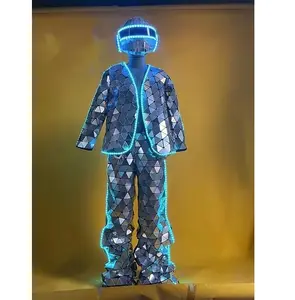 Stage Performance Led Light Up Punk Mirror Man Costume Glass Silver Golden Reflective Suit For Night Club