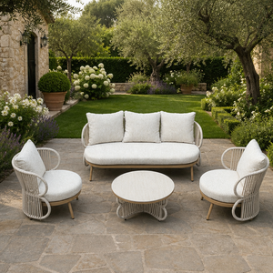 Ensemble <span class=keywords><strong>de</strong></span> <span class=keywords><strong>salon</strong></span> <span class=keywords><strong>de</strong></span> <span class=keywords><strong>jardin</strong></span> nordique contemporain en aluminium et corde tressée avec coussins hydrofuges et table basse en pierre frittée - Product Image 1