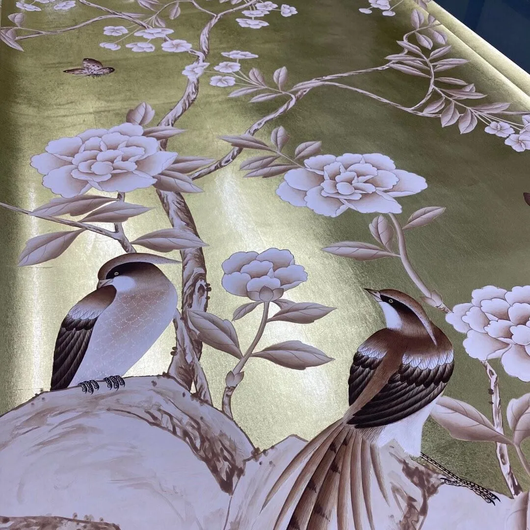 wholesale interior wall decor hand painted on gold foil chinoiserie wallpaper for high end private customization