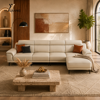 Canapé d'angle électrique moderne en cuir véritable beige, avec appuie-tête réglable, pieds en bois, rembourrage écologique en éponge, trois places