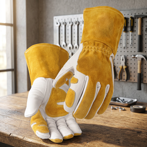 Latex Durable Heat Resistance Safety <b>Gloves</b> 14 Inch Straight Cuff Anti-Heat Anti-Vibration Abrasion Resistant Yellow White - Product Image 2