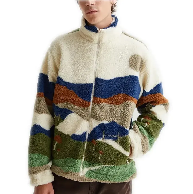 Men Fleece Jacket OEM Custom Sherpa Fleece Men Graphic Printed Soft Warm Winter Outdoor Jacket for Man