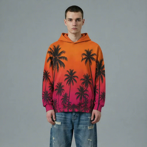 Sudadera con capucha informal para hombre, diseño OEM ODM, estampado de palmeras en degradado naranja, con bolsillo canguro y logotipo personalizado. - Product Image 3