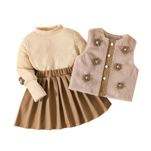 Conjunto de Ropa de <span class=keywords><strong>Invierno</strong></span> para Niñas, Chaleco de Felpa con Decoración Floral, Top de Color Sólido, Falda Plisada - Product Image 6