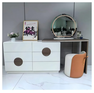 Modern Makeup <b>Vanity</b> Table with <b>Lighted</b> Round Mirror and Storage Drawers for Bedroom Furniture - Product Image 1