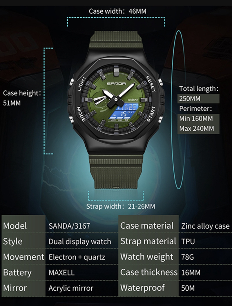Часы наручные SANDA мужские светодиодные, Многофункциональные цифровые повседневные водонепроницаемые до 50 м, с секундомером, календарем