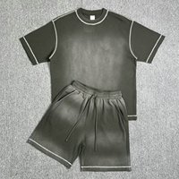 Ensemble short et t-shirt gaufré pour homme, haute qualité, respirant, coutures contrastées, style rétro, coupe oversize, 2 pièces