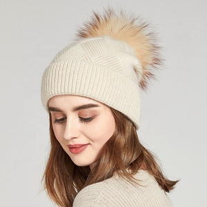 <span class=keywords><strong>Bonnet</strong></span> d'hiver pour femme en laine tricoté, accessoire chaud avec <span class=keywords><strong>pompon</strong></span> en cachemire, vente en gros, usine - Product Image 2